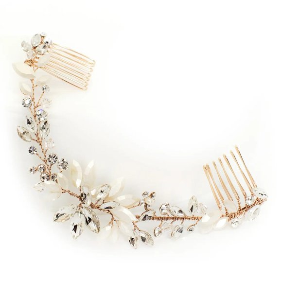 BRIDES AND HAIRPINS Gold Swarovski Crystal Marquise Floral Halo with Combs - Picture 2 of 7